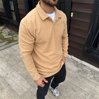Erkek Fitilli Polar Sweatshirt – Düğmesiz Polo Yaka, Oversize Rahat Kalıp, Kalın Polar Kumaş, Kışlık Ve Baharlık Şık Günlük Üst - Bej