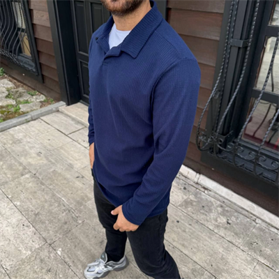 Erkek Fitilli Polar Sweatshirt – Düğmesiz Polo Yaka, Oversize Rahat Kalıp, Kalın Polar Kumaş, Kışlık Ve Baharlık Şık Günlük Üst - Lacivert