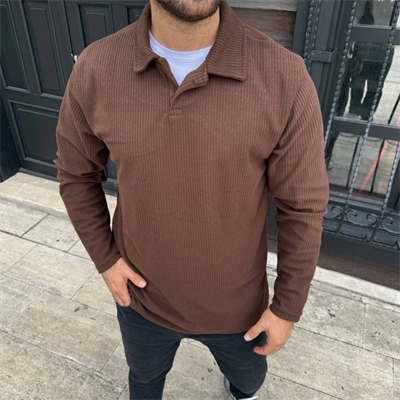 Erkek Fitilli Polar Sweatshirt – Düğmesiz Polo Yaka, Oversize Rahat Kalıp, Kalın Polar Kumaş, Kışlık Ve Baharlık Şık Günlük Üst - Kahverengi