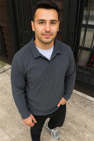 Erkek Fitilli Polar Sweatshirt – Düğmesiz Polo Yaka, Oversize Rahat Kalıp, Kalın Polar Kumaş, Kışlık Ve Baharlık Şık Günlük Üst - Füme