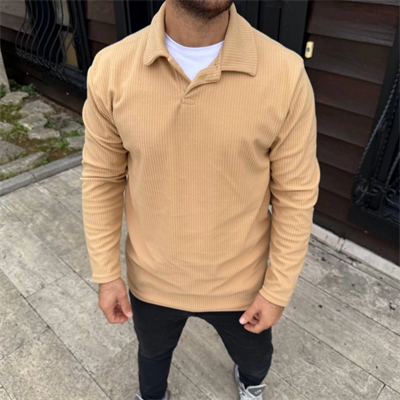 Erkek Fitilli Polar Sweatshirt – Düğmesiz Polo Yaka, Oversize Rahat Kalıp, Kalın Polar Kumaş, Kışlık Ve Baharlık Şık Günlük Üst - Bej
