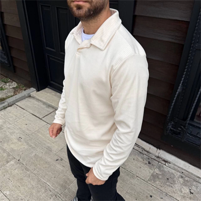 Erkek Fitilli Polar Sweatshirt – Düğmesiz Polo Yaka, Oversize Rahat Kalıp, Kalın Polar Kumaş, Kışlık Ve Baharlık Şık Günlük Üst - Beyaz