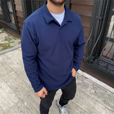 Erkek Fitilli Polar Sweatshirt – Düğmesiz Polo Yaka, Oversize Rahat Kalıp, Kalın Polar Kumaş, Kışlık Ve Baharlık Şık Günlük Üst - Lacivert