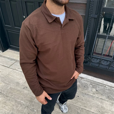 Erkek Fitilli Polar Sweatshirt – Düğmesiz Polo Yaka, Oversize Rahat Kalıp, Kalın Polar Kumaş, Kışlık Ve Baharlık Şık Günlük Üst - Kahverengi