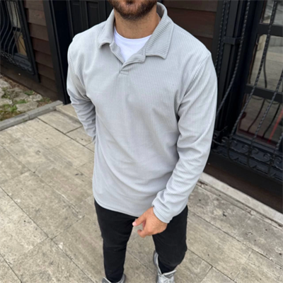 Erkek Fitilli Polar Sweatshirt – Düğmesiz Polo Yaka, Oversize Rahat Kalıp, Kalın Polar Kumaş, Kışlık Ve Baharlık Şık Günlük Üst - Gri