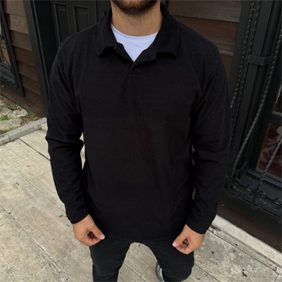 Erkek Fitilli Polar Sweatshirt – Düğmesiz Polo Yaka, Oversize Rahat Kalıp, Kalın Polar Kumaş, Kışlık Ve Baharlık Şık Günlük Üst - Siyah