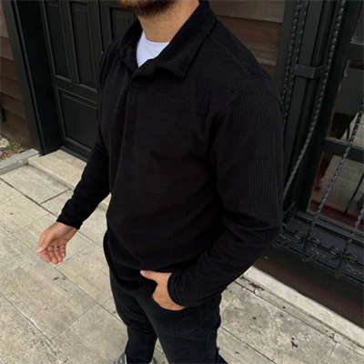 Erkek Fitilli Polar Sweatshirt – Düğmesiz Polo Yaka, Oversize Rahat Kalıp, Kalın Polar Kumaş, Kışlık Ve Baharlık Şık Günlük Üst - Siyah