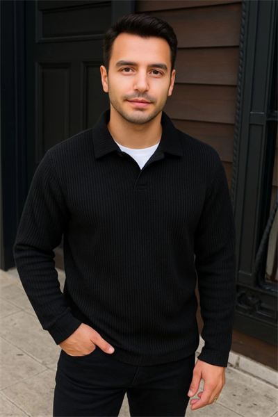 Erkek Fitilli Polar Sweatshirt – Düğmesiz Polo Yaka, Oversize Rahat Kalıp, Kalın Polar Kumaş, Kışlık Ve Baharlık Şık Günlük Üst - Siyah