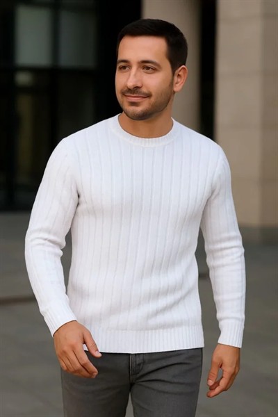 Erkek Fitilli Triko Bisiklet Yaka Kalın Kazak 4lü Set Beyaz-Bebek Mavisi-Gri-Siyah