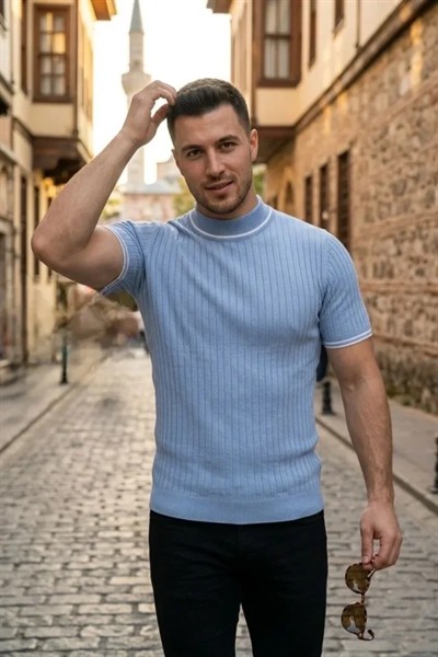 Erkek Fitilli Triko Dokuma Kısa Kol Tişört Yarım Boğaz Modern Yazlık T-Shirt - Bebe Mavisi