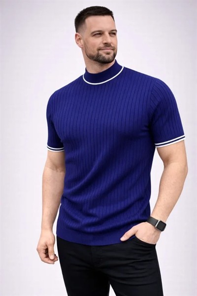 Erkek Fitilli Triko Dokuma Kısa Kol Tişört Yarım Boğaz Modern Yazlık T-Shirt - Lacivert