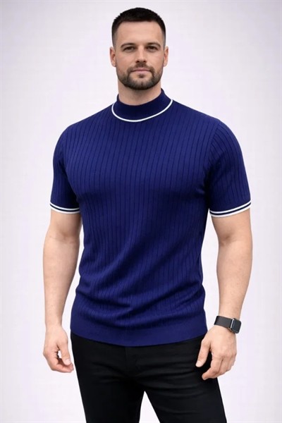 Erkek Fitilli Triko Dokuma Kısa Kol Tişört Yarım Boğaz Modern Yazlık T-Shirt - Lacivert