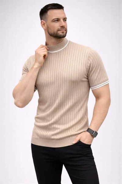 Erkek Fitilli Triko Dokuma Kısa Kol Tişört Yarım Boğaz Modern Yazlık T-Shirt - Bej