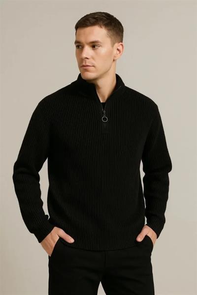 Erkek Fitilli Triko Kazak 2’li Set –  Mint Yeşili - Siyah, Kalın Dokuma Pamuklu Regular Fit V Yaka Fermuarlı Uzun Kollu Rahat Kışlık Kazak Kombini