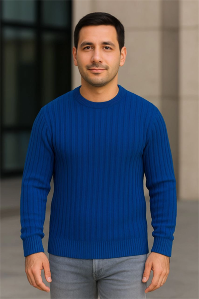 Erkek Fitilli Triko Kazak 2’li Set – Siyah - Saks Mavisi, Kalın Dokuma Pamuklu Regular Fit Bisiklet Yaka Uzun Kollu Rahat Kışlık Kazak Kombini