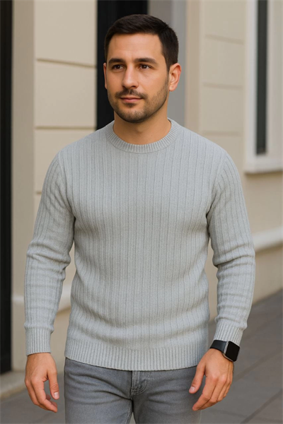 Erkek Fitilli Triko Kazak 2’li Set – Siyah - Gri, Kalın Dokuma Pamuklu Regular Fit Bisiklet Yaka Uzun Kollu Rahat Kışlık Kazak Kombini