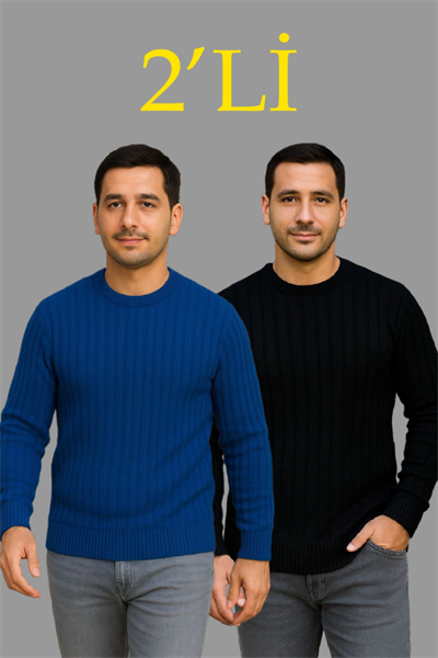 Erkek Fitilli Triko Kazak 2’li Set – Siyah - Saks Mavisi, Kalın Dokuma Pamuklu Regular Fit Bisiklet Yaka Uzun Kollu Rahat Kışlık Kazak Kombini