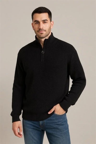 Erkek Fitilli Triko Kazak 2’li Set – Siyah - Bej Kalın Dokuma Pamuklu Regular Fit V Yaka Fermuarlı Uzun Kollu Rahat Kışlık Kazak Kombini
