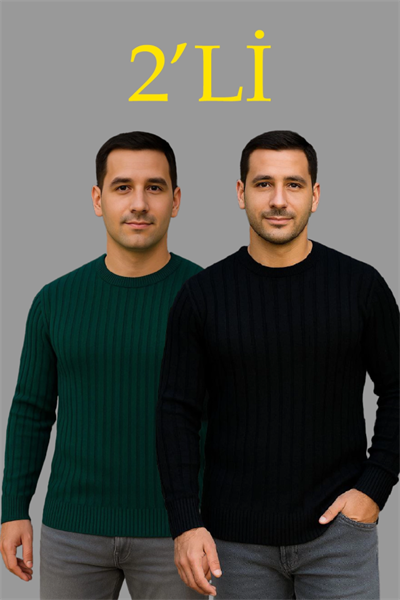 Erkek Fitilli Triko Kazak 2’li Set – Siyah - Haki, Kalın Dokuma Pamuklu Regular Fit Bisiklet Yaka Uzun Kollu Rahat Kışlık Kazak Kombini