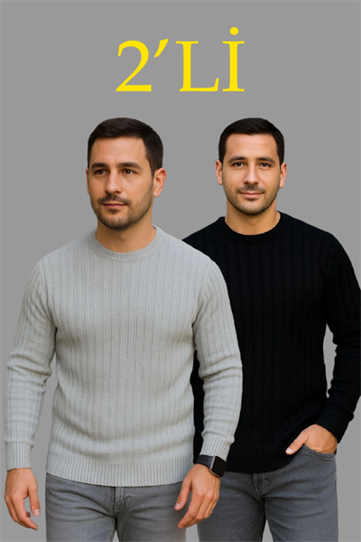 Erkek Fitilli Triko Kazak 2’li Set – Siyah - Gri, Kalın Dokuma Pamuklu Regular Fit Bisiklet Yaka Uzun Kollu Rahat Kışlık Kazak Kombini