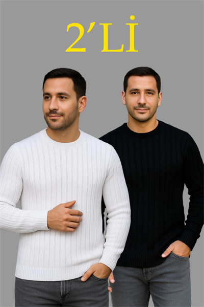 Erkek Fitilli Triko Kazak 2’li Set – Siyah - Beyaz, Kalın Dokuma Pamuklu Regular Fit Bisiklet Yaka Uzun Kollu Rahat Kışlık Kazak Kombini