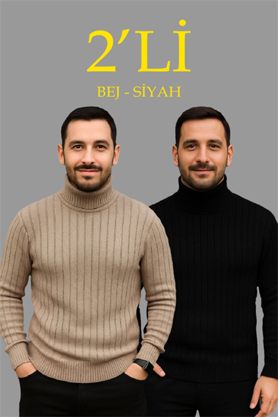 Erkek Fitilli Triko Kazak 2li Set Bej Siyah Regular Balıkcı Yaka Tam Boğazlı Triko Seti Modeli Kazak