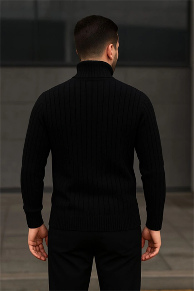 Erkek Fitilli Triko Kazak 2li Set Bordo Siyah Regular Balıkcı Yaka Tam Boğazlı Triko Seti Modeli Kazak