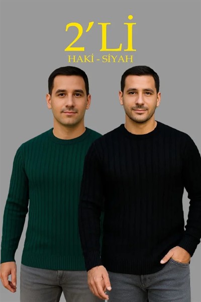 Erkek Fitilli Triko Kazak 2’li Set Siyah Haki Kalın Dokuma Pamuklu Regular Fit Bisiklet