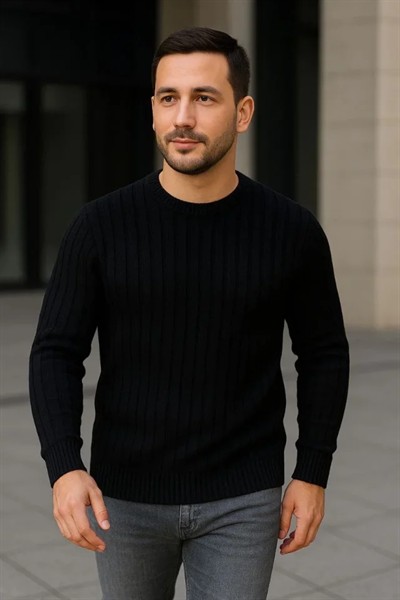 Erkek Fitilli Triko Kazak 2’li Set Siyah Haki Kalın Dokuma Pamuklu Regular Fit Bisiklet