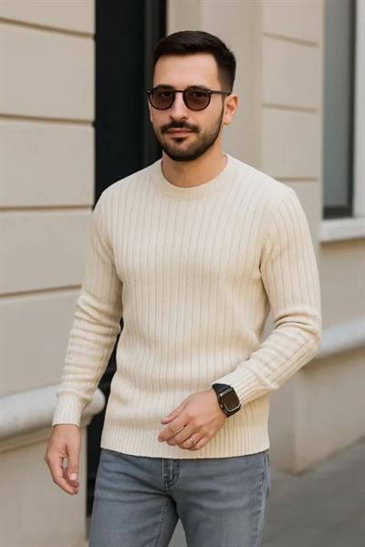 Erkek Fitilli Triko Kazak 3’lü Set – Bej, Beyaz, Siyah  Kalın Dokuma Pamuklu Regular Fit Bisiklet Yaka Uzun Kollu Kışlık Ve Baharlık Rahat Triko Kombini