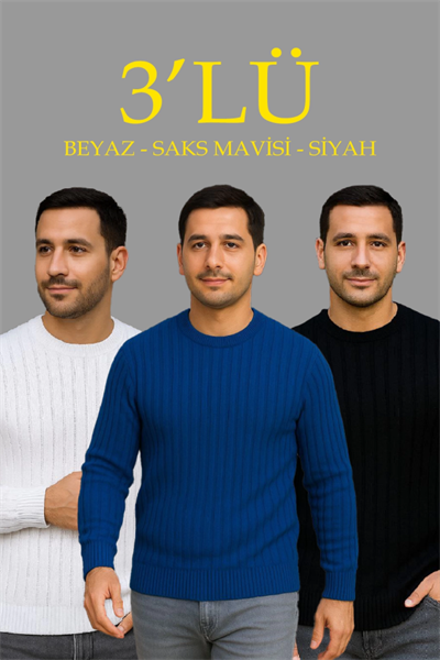 Erkek Fitilli Triko Kazak 3’lü Set – Beyaz, Saks Mavisi, Siyah  Kalın Dokuma Pamuklu Regular Fit Bisiklet Yaka Uzun Kollu Kışlık Ve Baharlık Rahat Triko Kombini