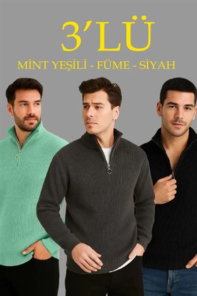 Erkek Fitilli Triko Kazak 3’lü Set – Mint Yeşili, Siyah, Füme Kalın Dokuma Pamuklu Regular Fit V Yaka Fermuarlı Uzun Kollu Rahat Kışlık Kazak Kombini