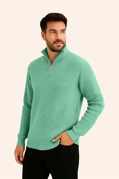 Erkek Fitilli Triko Kazak 3’lü Set – Mint Yeşili, Siyah, Füme Kalın Dokuma Pamuklu Regular Fit V Yaka Fermuarlı Uzun Kollu Rahat Kışlık Kazak Kombini