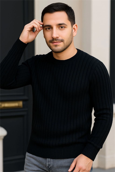 Erkek Fitilli Triko Kazak 3lü Set Bej Gri Siyah Regular Fit Bisiklet Yaka Triko Seti Kazak Modeli