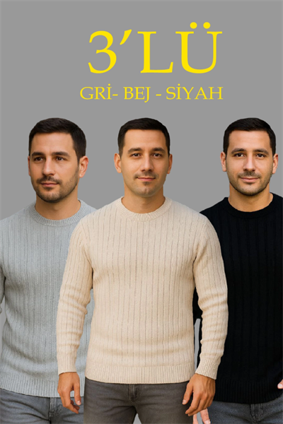 Erkek Fitilli Triko Kazak 3lü Set Bej Gri Siyah Regular Fit Bisiklet Yaka Triko Seti Kazak Modeli