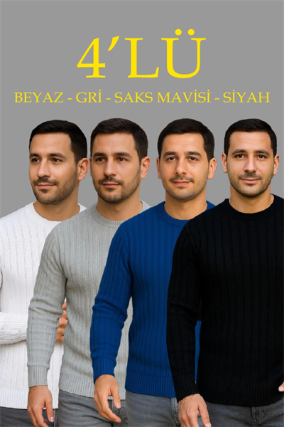 Erkek Fitilli Triko Kazak 4’lü Set – Beyaz, Saks Mavisi, Gri, Siyah  Kalın Dokuma Pamuklu Regular Fit Bisiklet Yaka Uzun Kollu Kışlık Ve Baharlık Rahat Triko Kombini