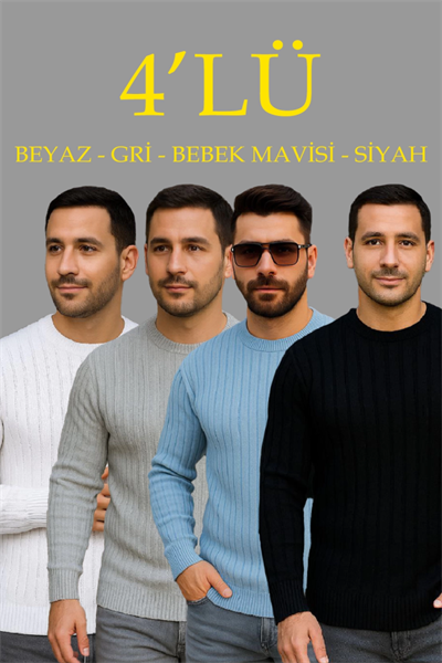 Erkek Fitilli Triko Kazak 4’lü Set – Beyaz, Bebek Mavisi, Gri, SiyahKalın Dokuma Pamuklu Regular Fit Bisiklet Yaka Uzun Kollu Kışlık Ve Baharlık Rahat Triko Kombini