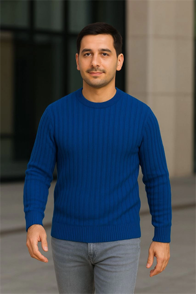 Erkek Fitilli Triko Kazak 4’lü Set – Beyaz, Saks Mavisi, Gri, Siyah  Kalın Dokuma Pamuklu Regular Fit Bisiklet Yaka Uzun Kollu Kışlık Ve Baharlık Rahat Triko Kombini