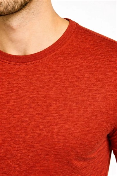 Erkek Flam Kumaş Melanj Dokulu Regular Fit Tişört Bisiklet Yaka Yazlık T-Shirt - Kiremit