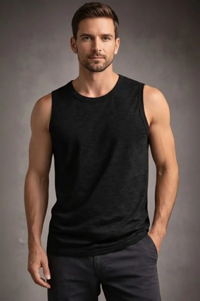 Erkek Flamlı Kumaş Sıfır Kolsuz Atlet Basic Spor Üst, Günlük Ve Fitness Kullanımına Uygun - Siyah