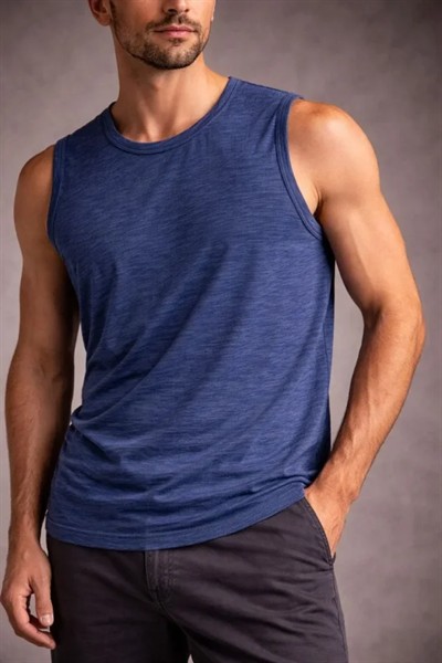 Erkek Flamlı Kumaş Sıfır Kolsuz Atlet Basic Spor Üst, Günlük Ve Fitness Kullanımına Uygun - İndigo