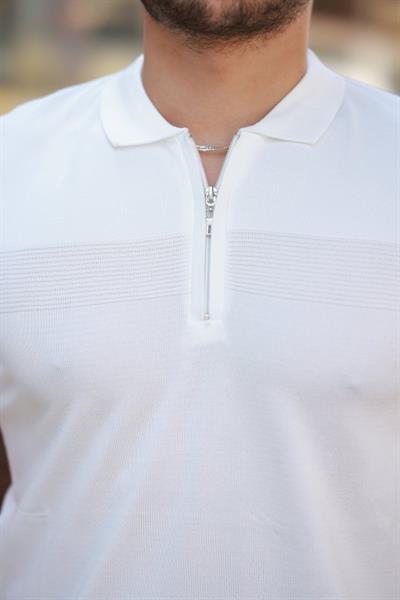 Erkek Göğüs Pirinç Desenli Fermuar Yakalı Kısa Kollu Tişört