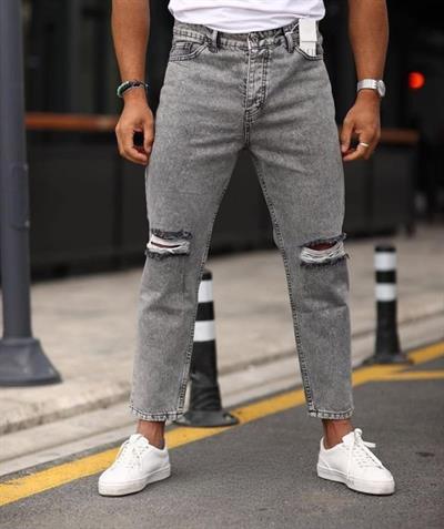 Erkek Gri Yıkama Yırtık Detaylı Boyfriend Jean