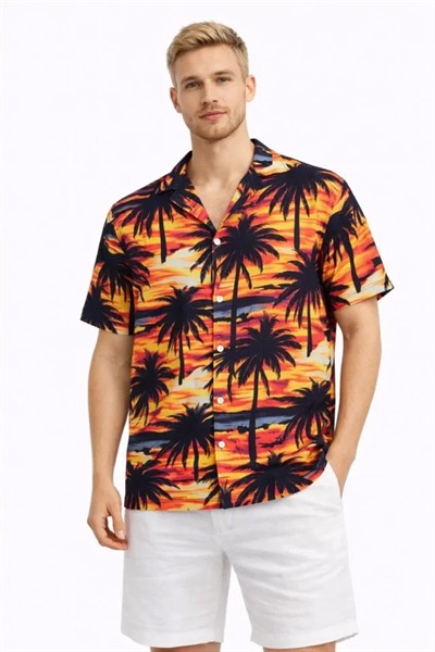 Erkek Gün Batımı Palmiye Desenli Kısa Kol Gömlek Hawaii Tarz Yazlık Rahat Kalıp - Desenli