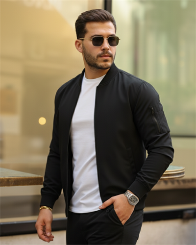 Erkek Içi Astarlı Fermuarlı Bomber Mont Ceket - Siyah