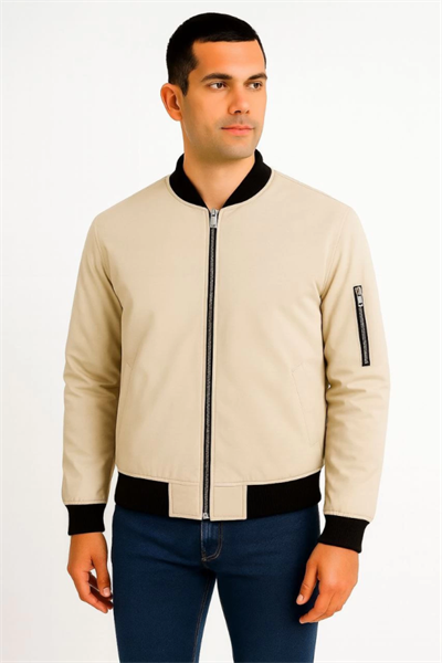 Erkek Içi Astarlı Fermuarlı Bomber Mont Ceket - Bej