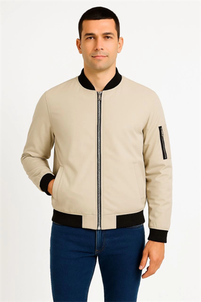 Erkek Içi Astarlı Fermuarlı Bomber Mont Ceket - Bej