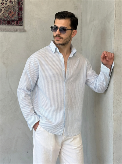 Erkek İnce Çizgili Gofre Kumaş Rahat Kalıp Gömlek
