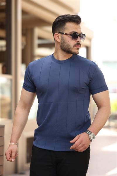 Erkek Ince çizgi Dokulu Bisiklet Yaka Kısa Kollu T-shirt