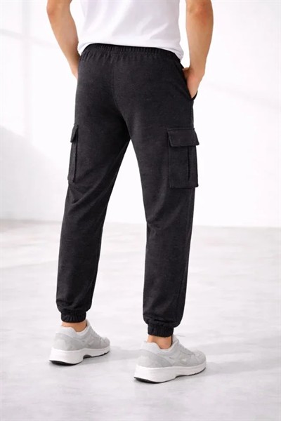 Erkek Jogger Eşofman Altı Regular Fit , Kargo Cepli, Lastikli Paça, Günlük Spor Pantolon - Füme